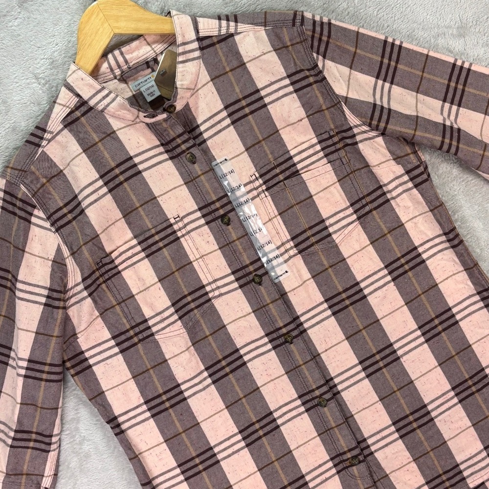 Carhartt Women's Plaid Button Down Shirt Pink Brown 3/4 Sleeve Workwear Sz L NWT